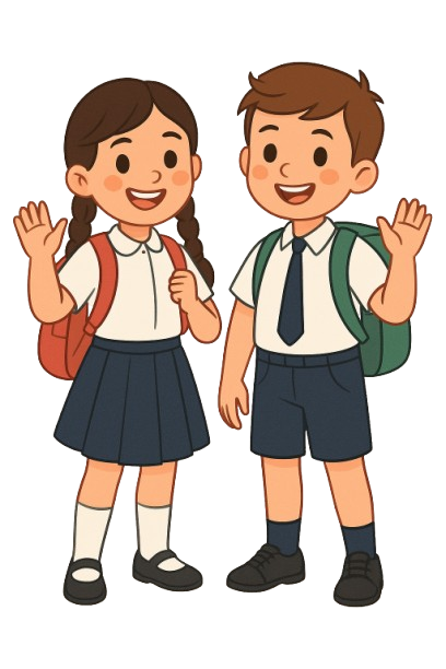 Happy school children with backpacks and uniforms